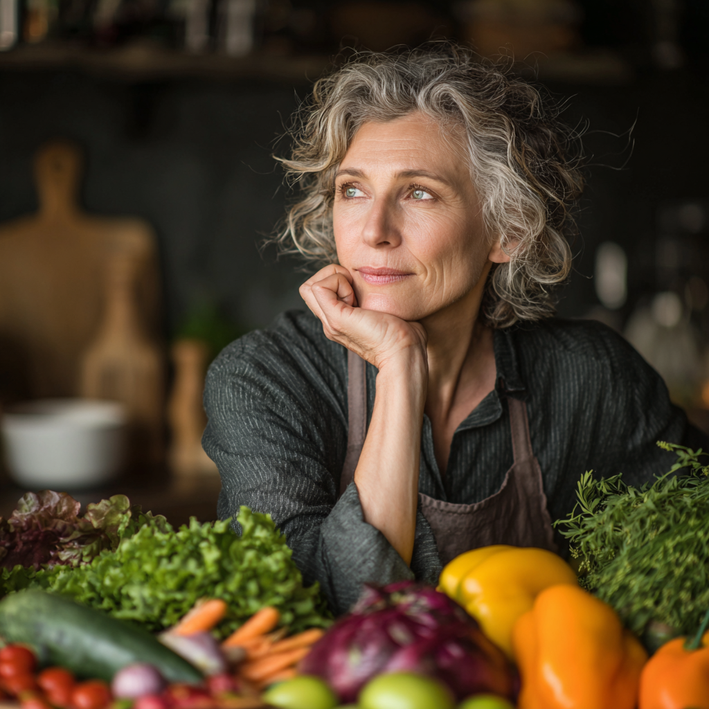 50 years old woman thoughtfully selecting fresh ingredients from colorful array of vegetables and herbs