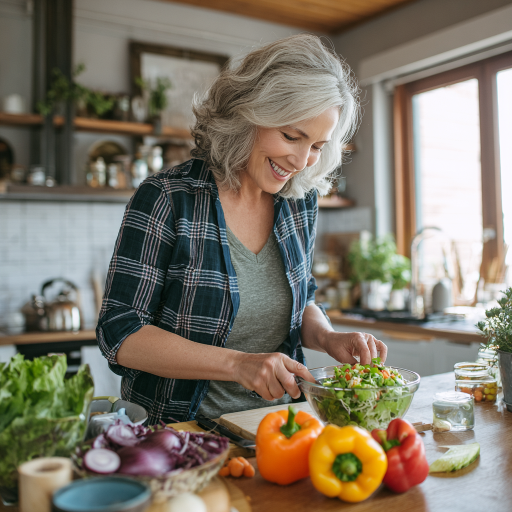 52 years old woman happily preparing fresh salad with colorful vegetables in bright kitchen, following meal plan recipe